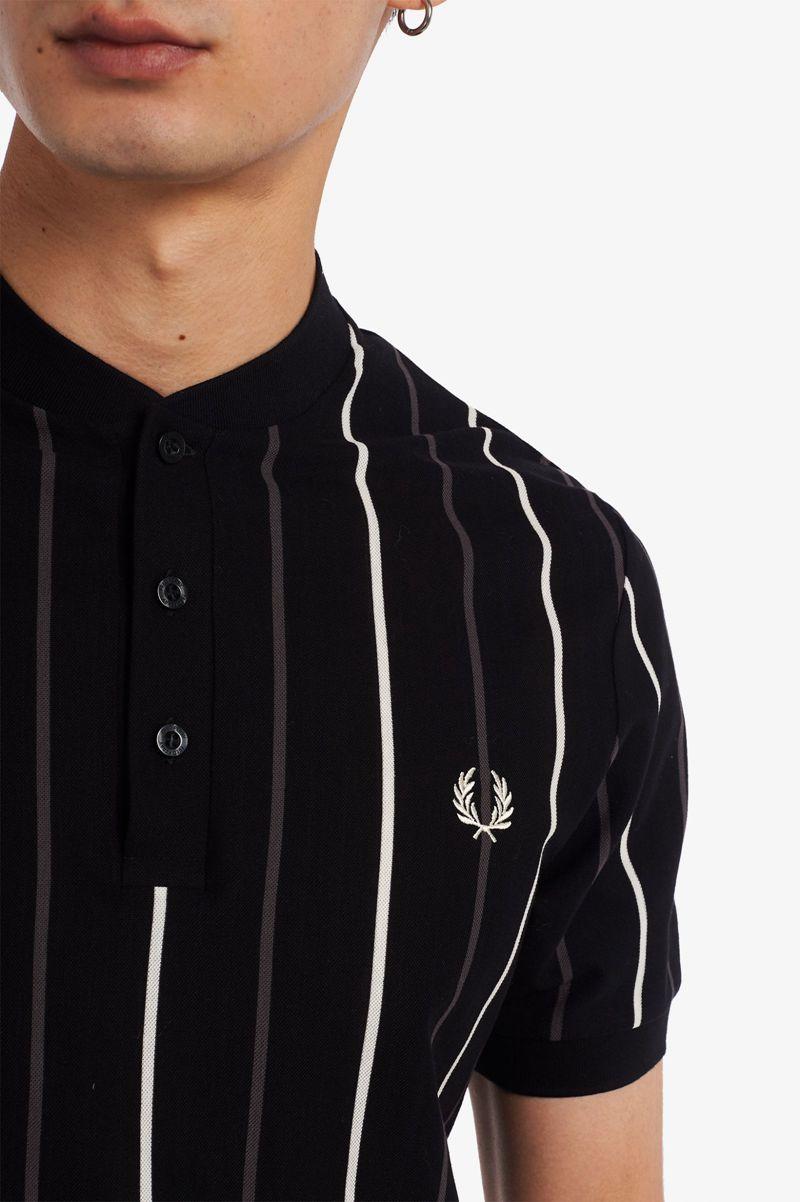 Black Fred Perry Striped Henley Polo Men's Shirts | PH 1537DFMN